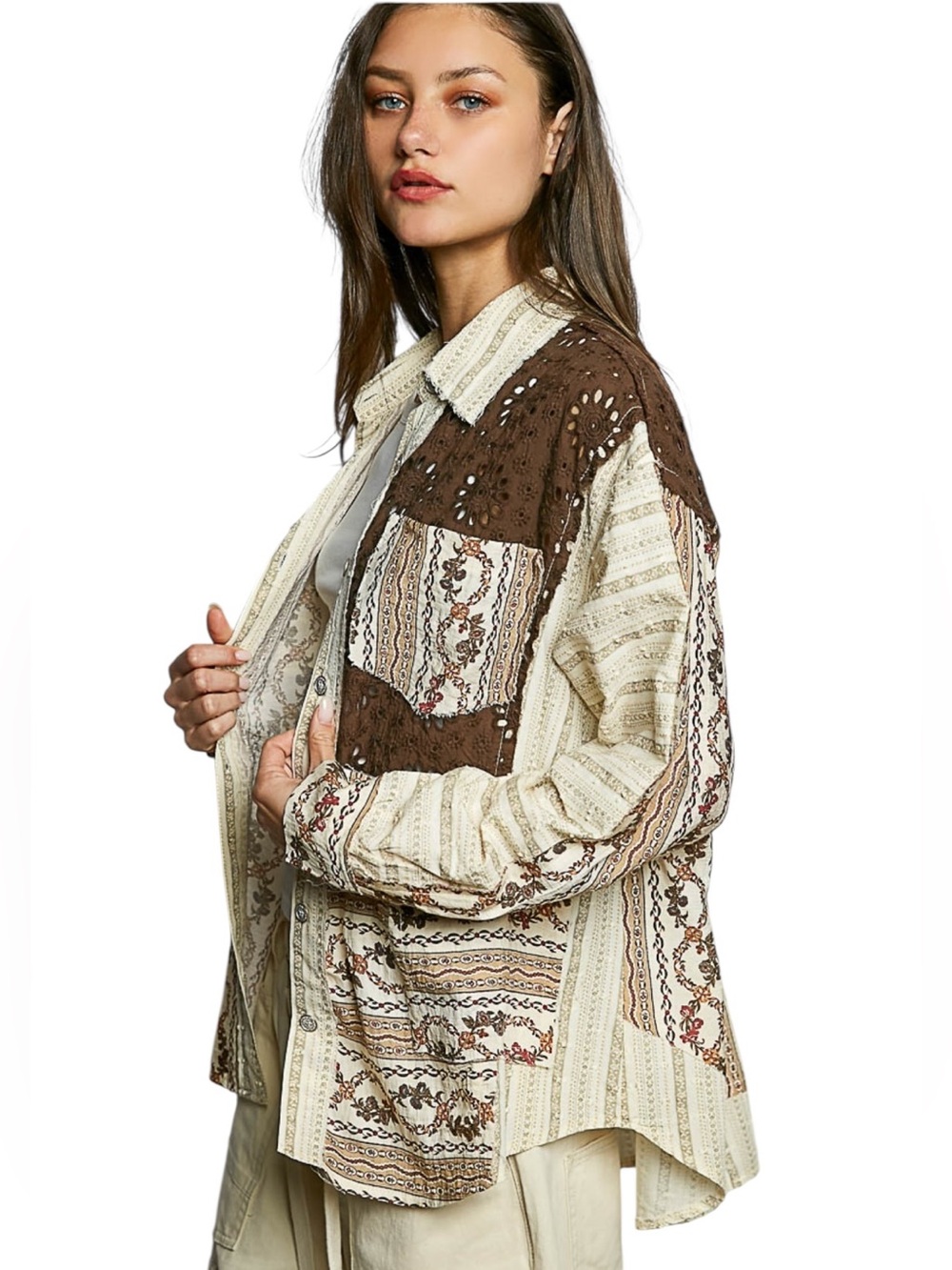 Pol Chocolate Brown Multi print Long Sleeve Eyelet Shirt